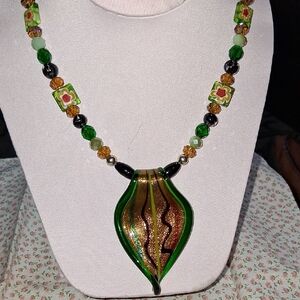Green and Gold Glass Leaf Pendant Necklace - Women Jewelry
